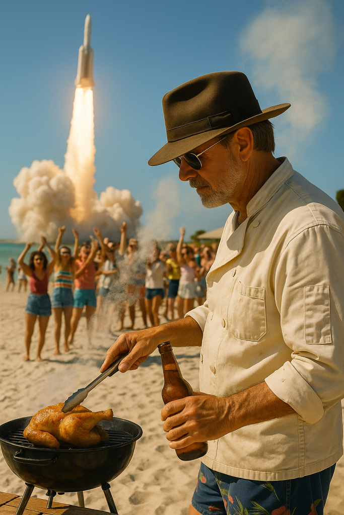 phil grilling a chicken on a beach while a rocket launches