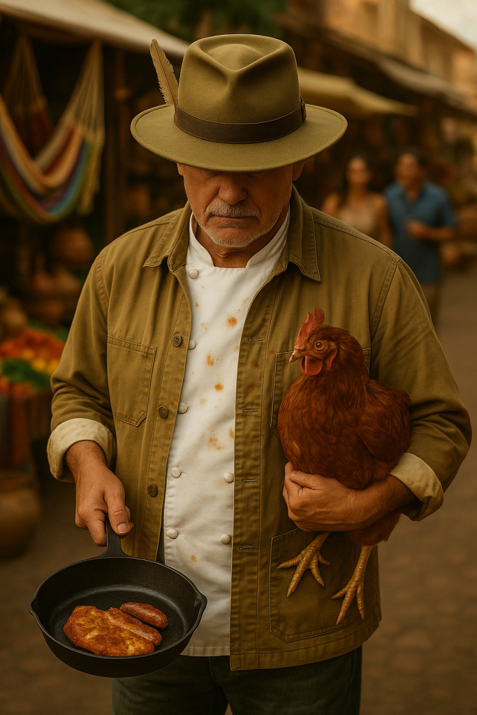 phil holding a rooster in one hand and a cast iron pan in the other