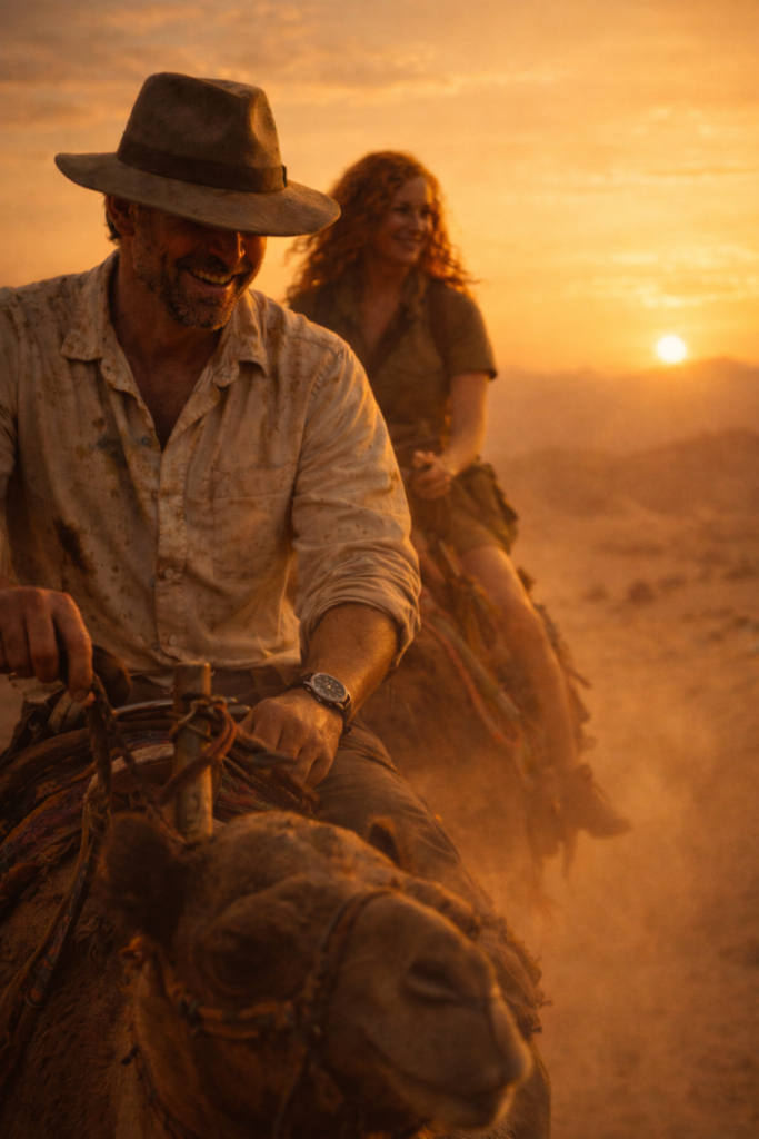 Phil McCockin and Ophilia Hiney escaping on camelback 