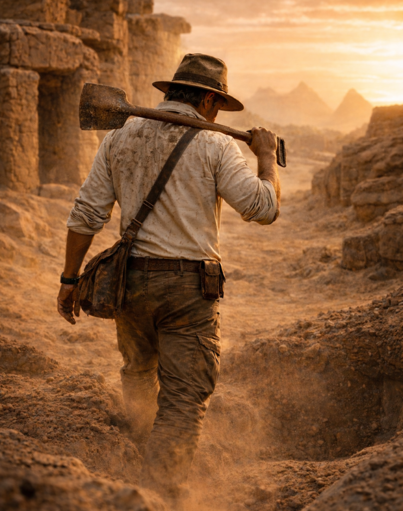 Phil McCockin walking through the ruins