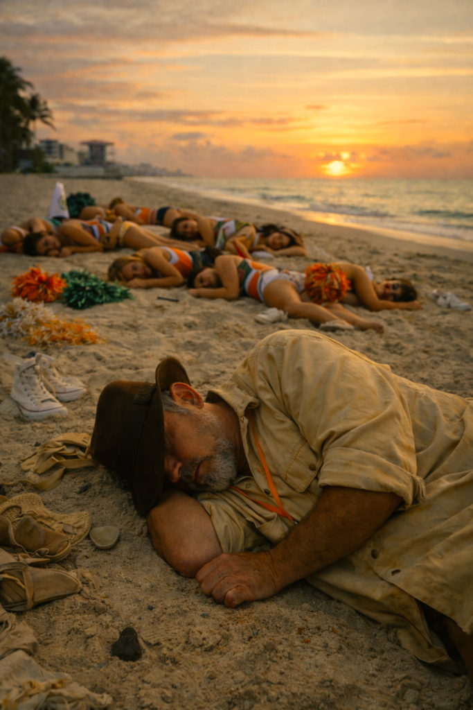 Phil McCockin waking up on the beach with cheerleaders and a hangover