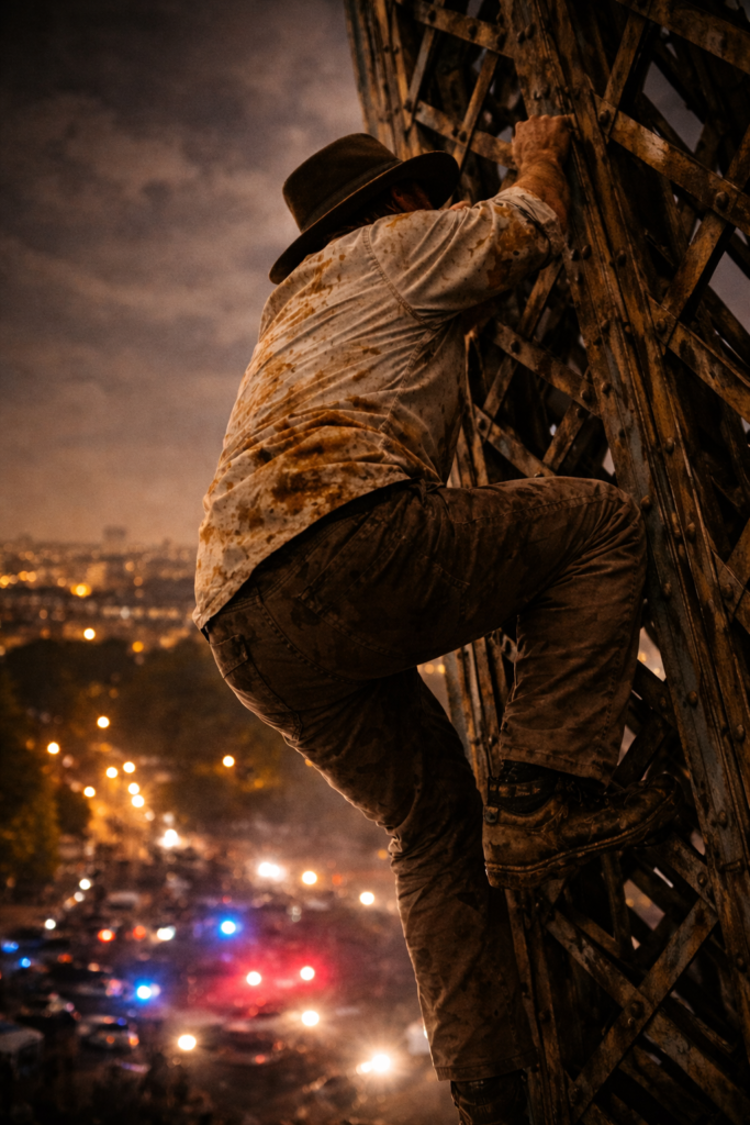 Phil McCockin climbing the Eifel Tower