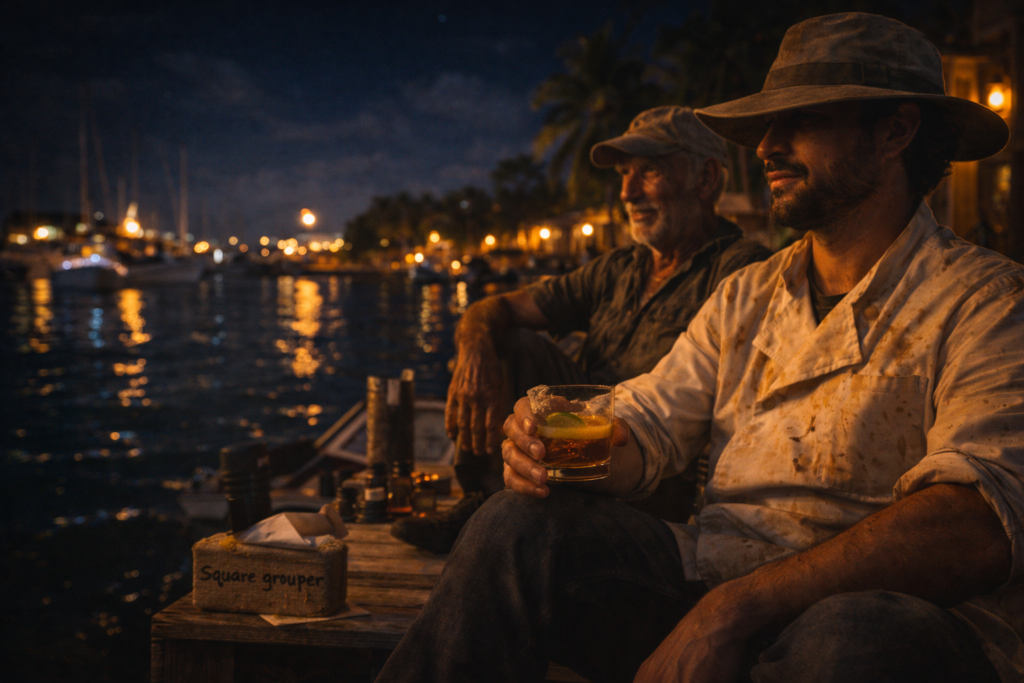 Phil McCockin and old fisherman sipping rum
