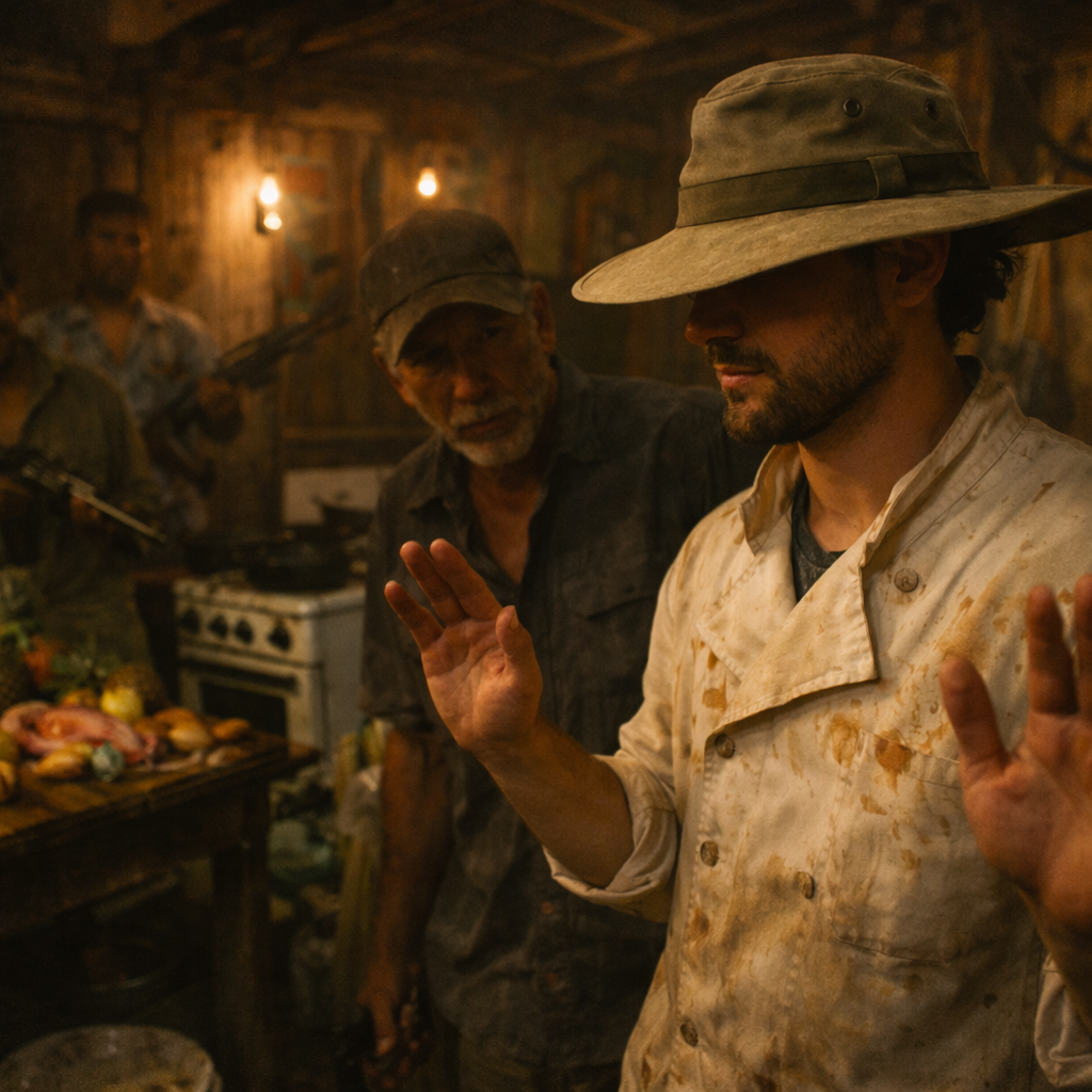 Phil McCockin at gunpoint in the hideout