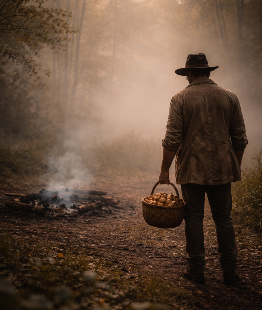 Phil McCockin awakes with a basket of mushrooms