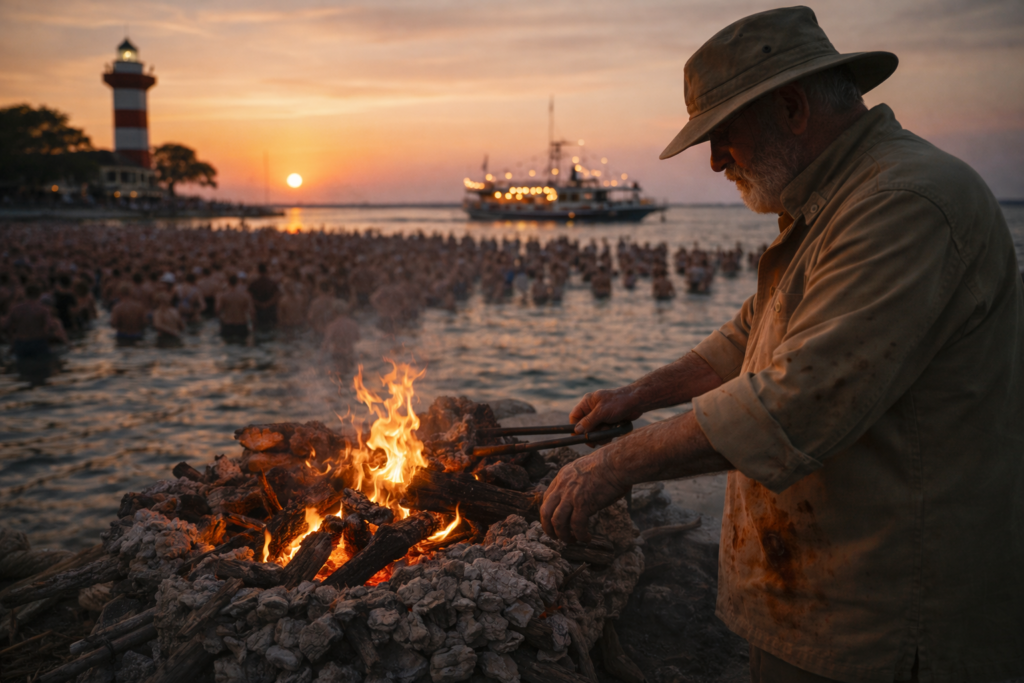 Phil McCockin builds a fire for beach cooking