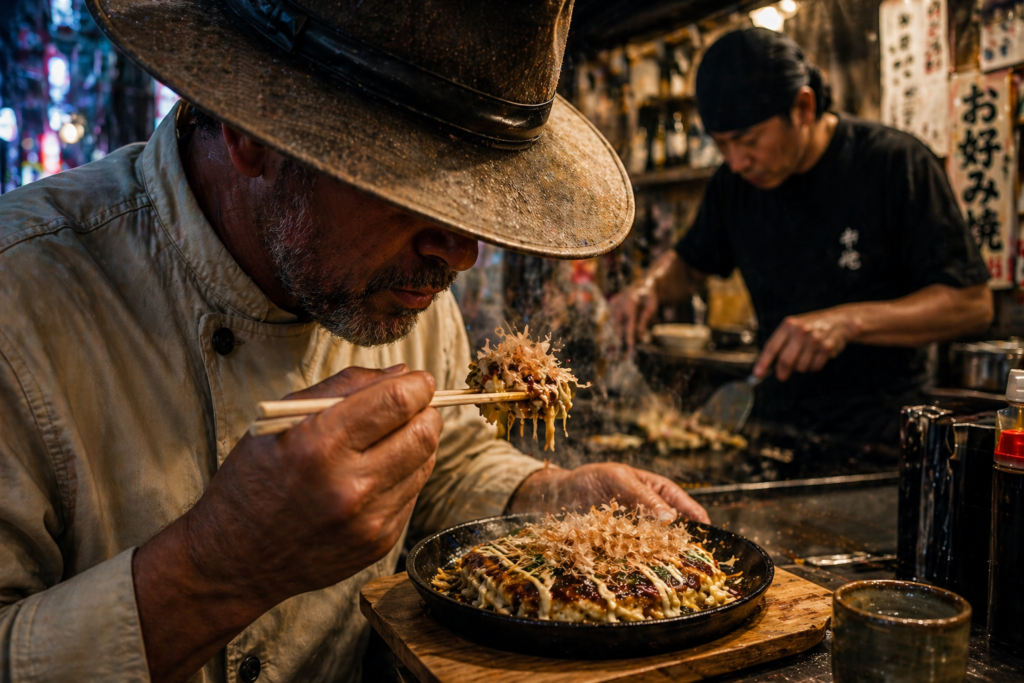 Phil McCockin eating Japanese Cock Okonomiyaki