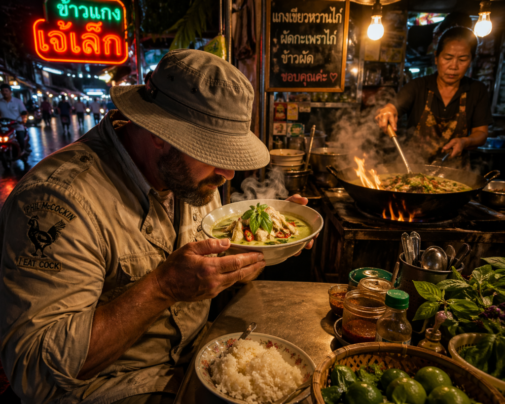 Phil McCockin eating thai green curry chicken
