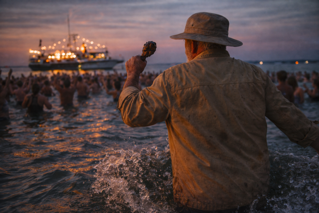 Phil McCockin wading through the water towards the boat