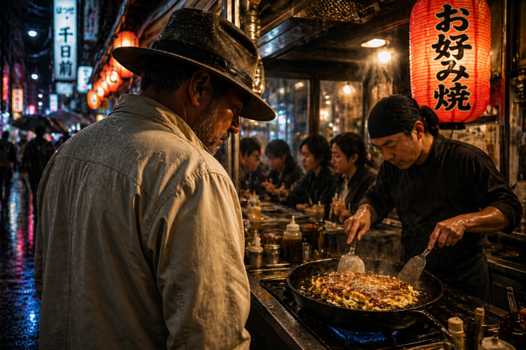 Phil McCockin watching Japanese Cock Okonomiyaki being cooked