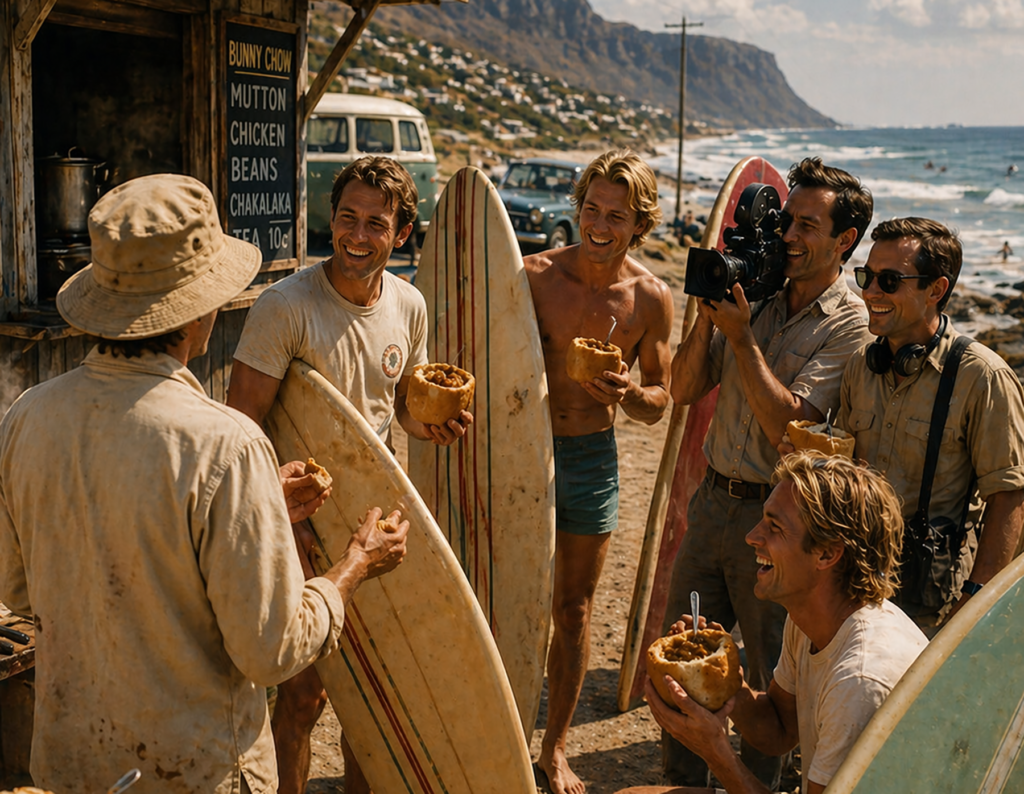 phil mccockin eating bunny chow with bruce brown and the endless summer crew