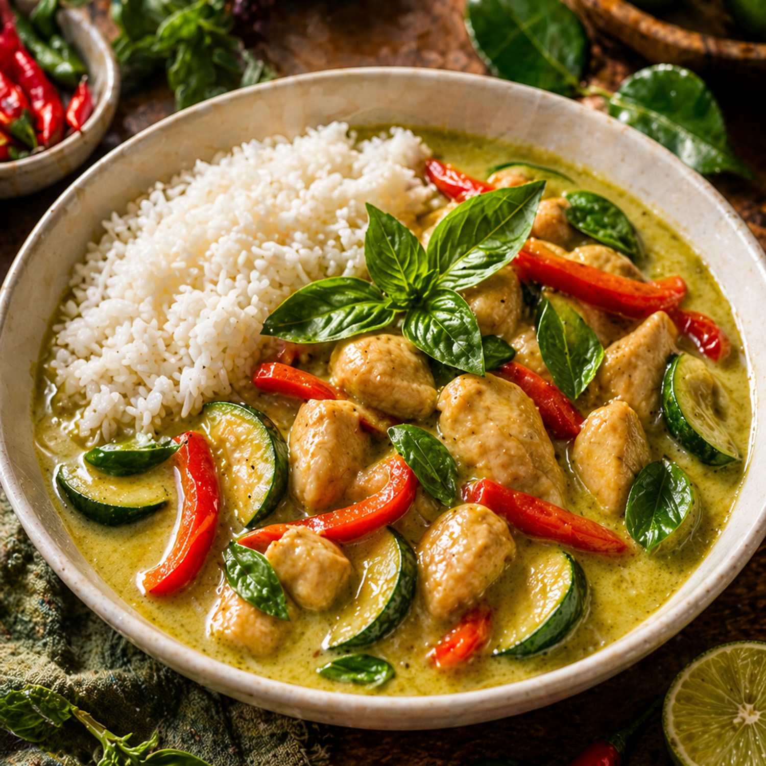 thai green curry chicken plated
