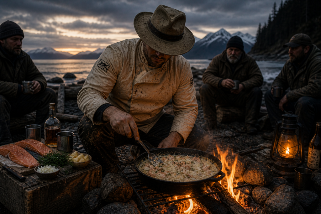 Phil McCockin cooking a creamy salmon & chicken bake over a fire