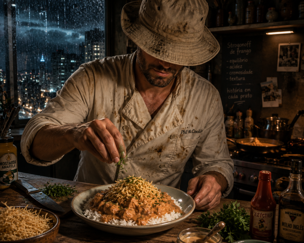 Phil McCockin creating his own Brazilian chicken stroganoff