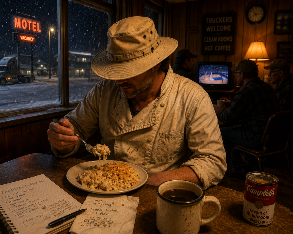 Phil McCockin eating chicken casserole in a motel lobby