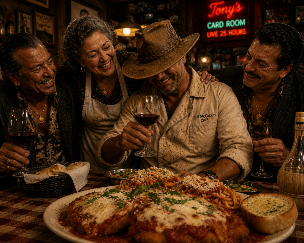 Phil McCockin enjoying wine and chicken parmigiana