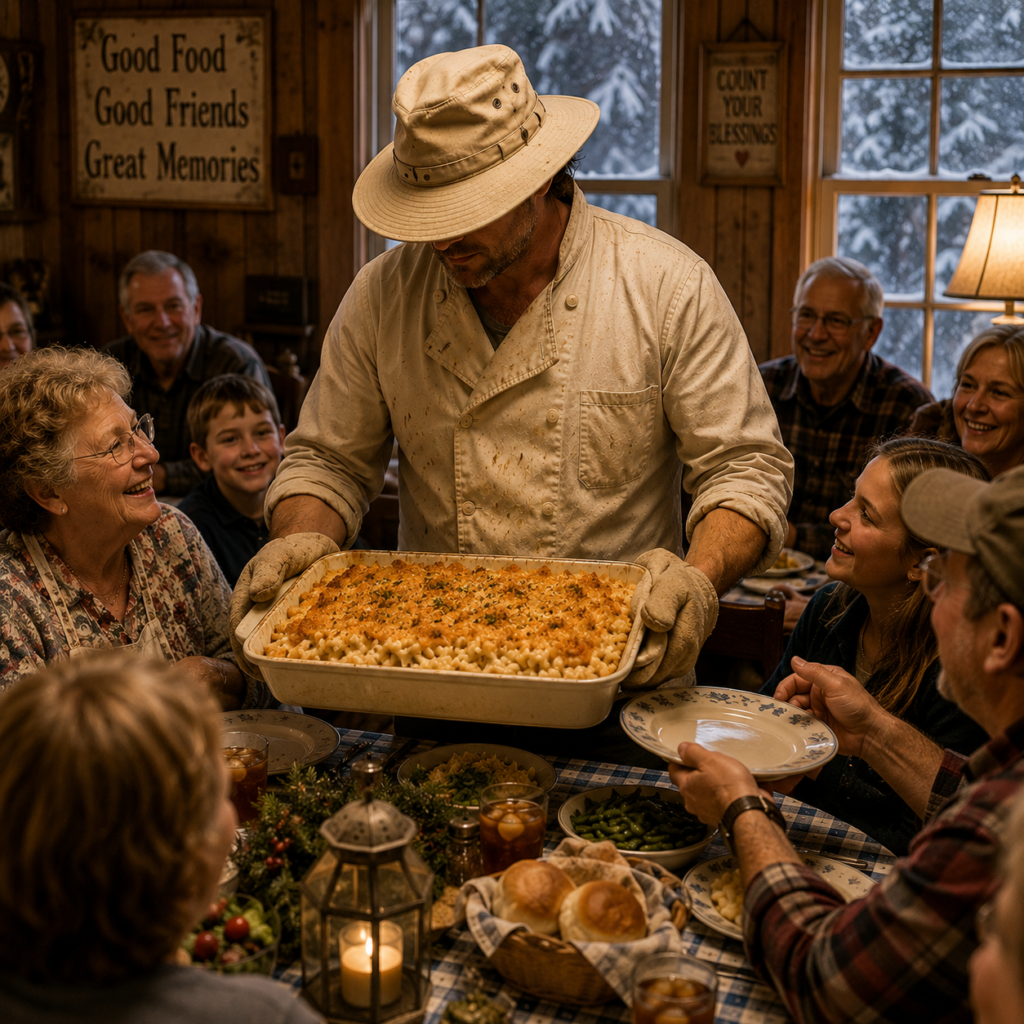 Phil McCockin serving chicken casserole at a family dinner