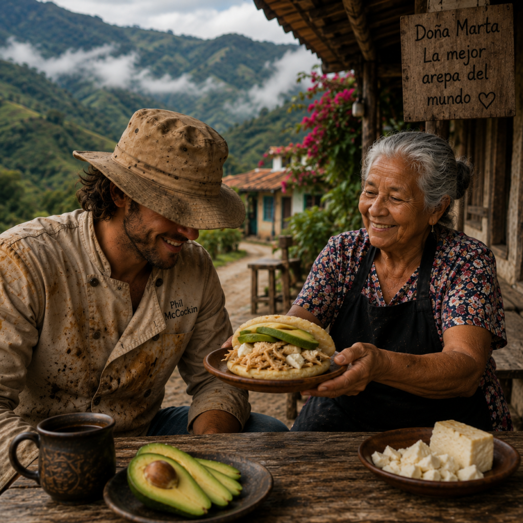 Doña Marta giving phil mccockin a chicken arepa