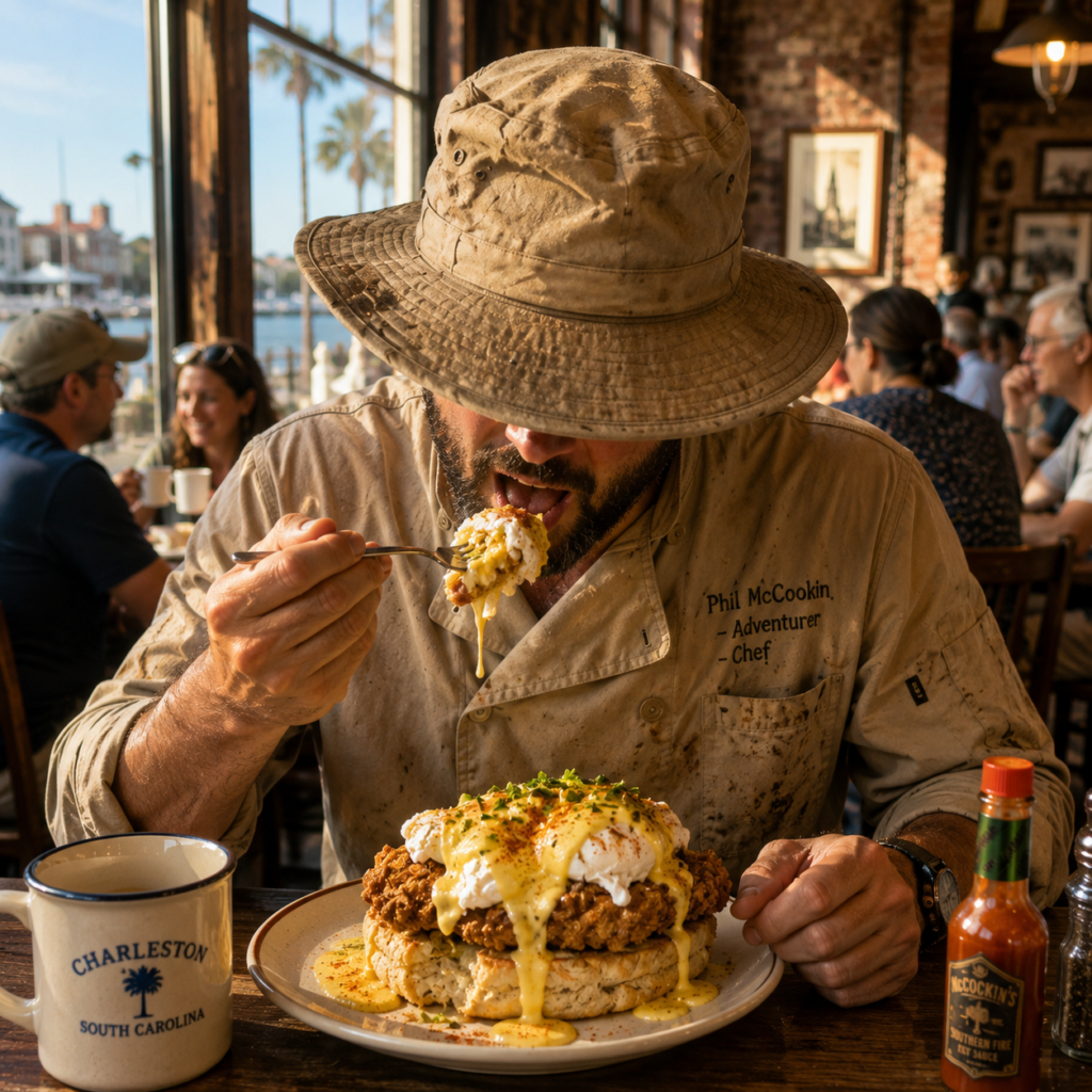 Phil McCockin eating Southern Chicken Biscuits Benedict