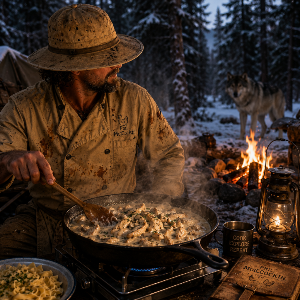 Phil McCockin making chicken stroganoff over fire