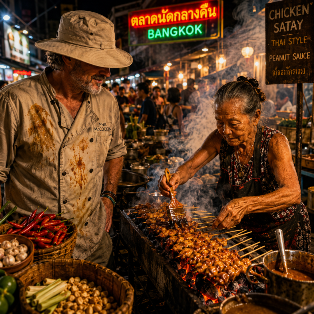 Phil McCockin trying chicken Thai satay skewers