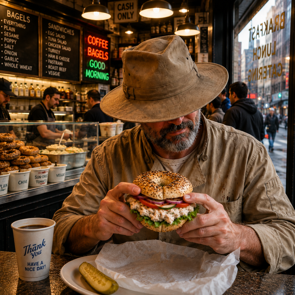 phil mccockin tasting a new york chicken bagel deluxe